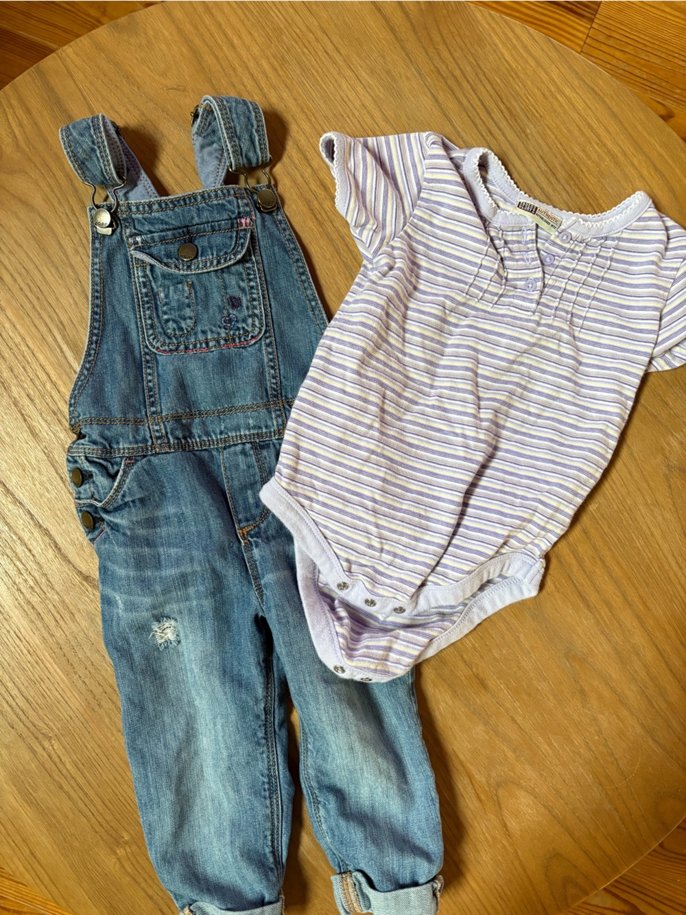 90s Faded Glory Purple Stripe Bodysuit & Blue Denim Overalls Kids Matching Set